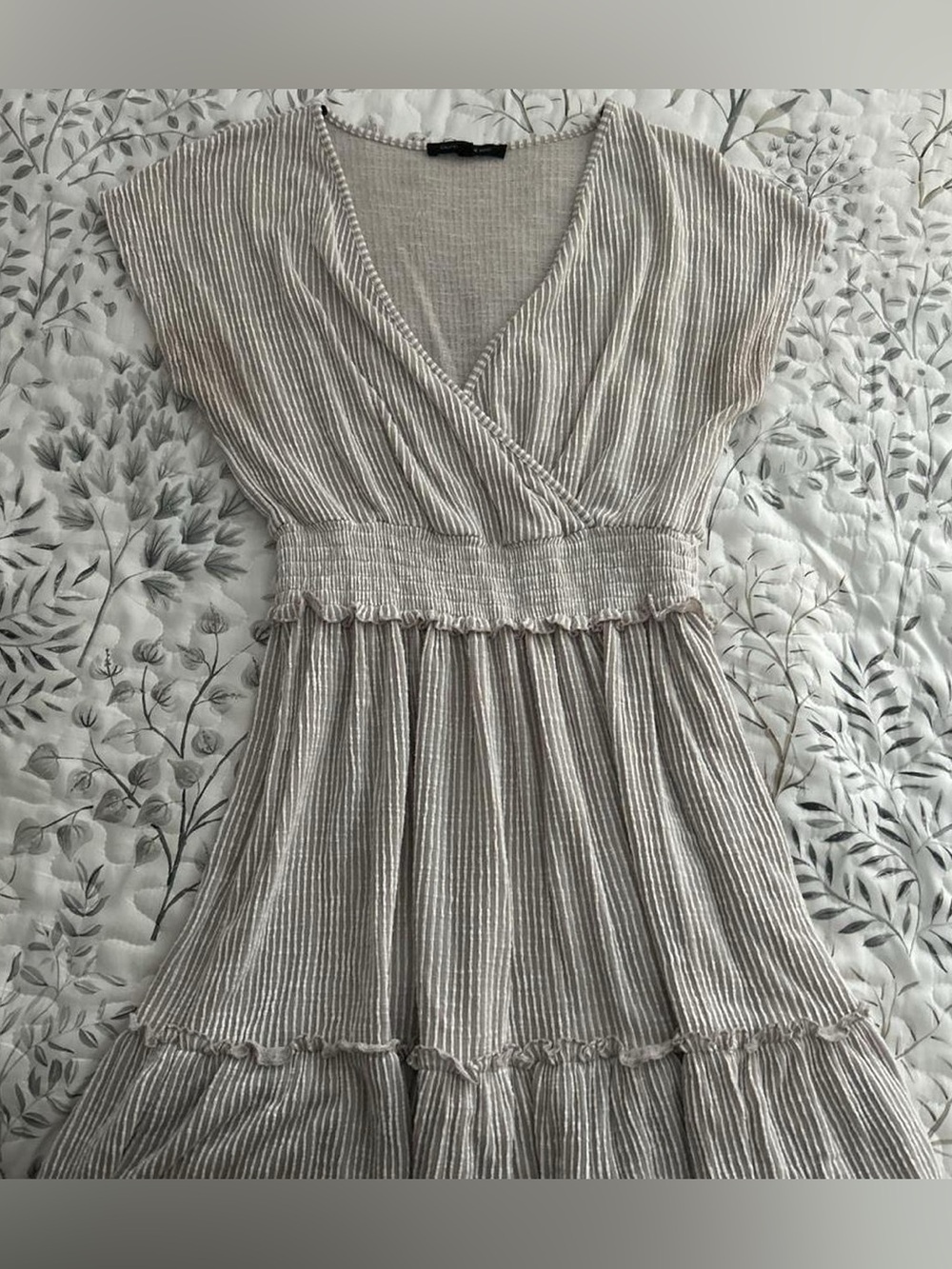 Caution To The Wind Taupe and White Striped V-Neck Tiered Dress